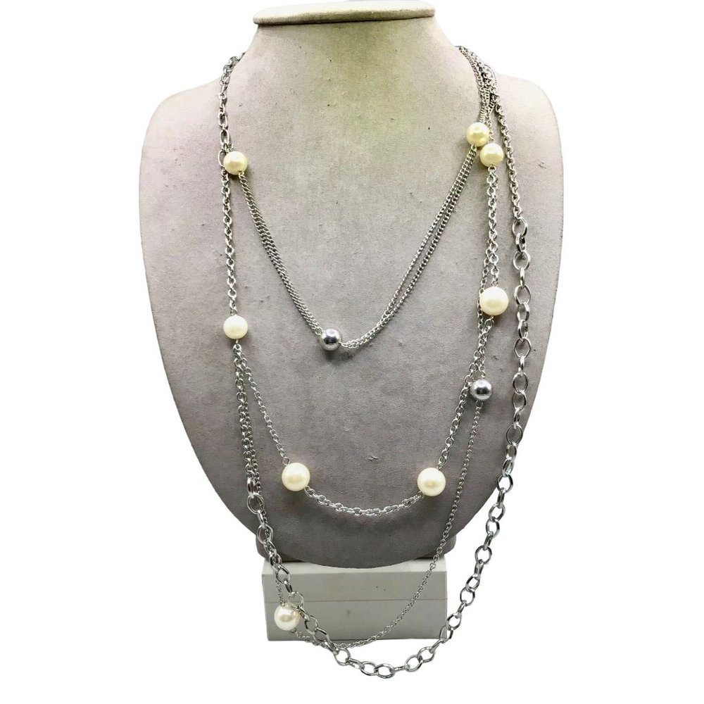 PD Premier Design Spaced Station Pearls and Chains Necklace 90s Vintage Jewelry